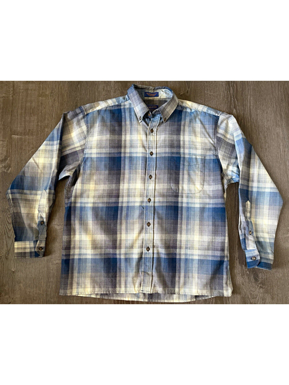 Pendleton Mens Large Blue Gray White Plaid Wool Woven Button Down Shirt Pocket